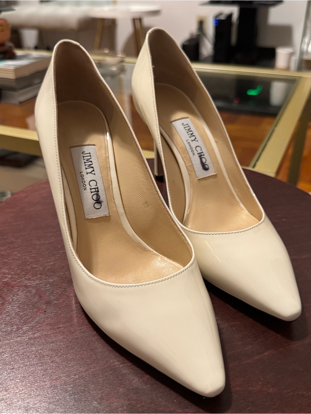 Jimmy Choo Cream Patent Leather Pointed Pumps